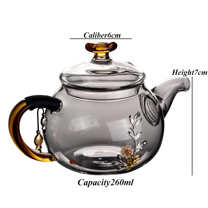 260 ml Mini Heat-resistant Glass Small Teapot Home Kung Fu Tea Set Inlaid with Silver Tea Pot Office Teapots Creative Tea Kettle