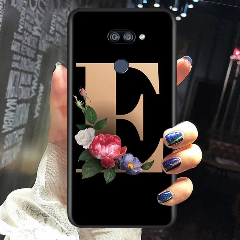 Letter Alphabet Flowers For LG K22 K71 K61 K51S K41S K30 K20 2019 Q60 V60 V50S V50 V40 V35 V30S G8 G8X ThinQ Black Phone Case