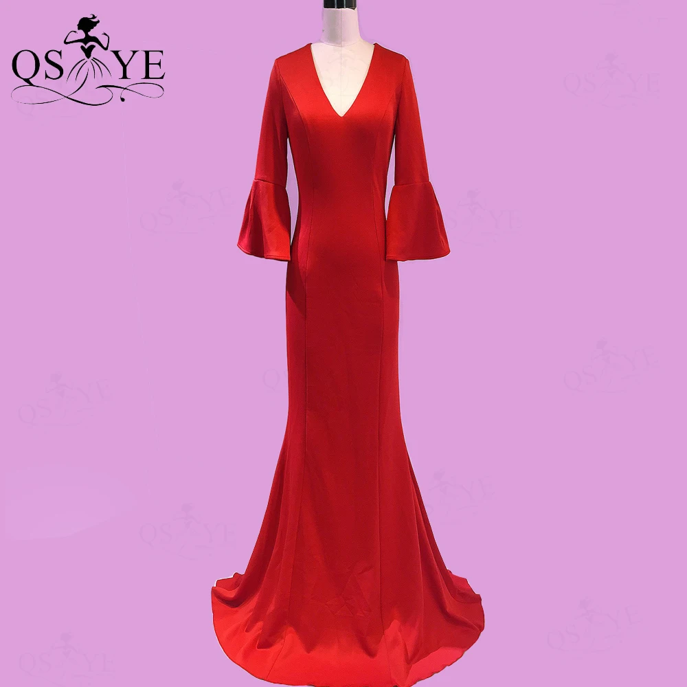 

Red Mermaid Evening Dresses Elastic Flare Long Sleeves Prom Gown Simple Deep V Neck Formal Party Gown Decent Conservative Gown