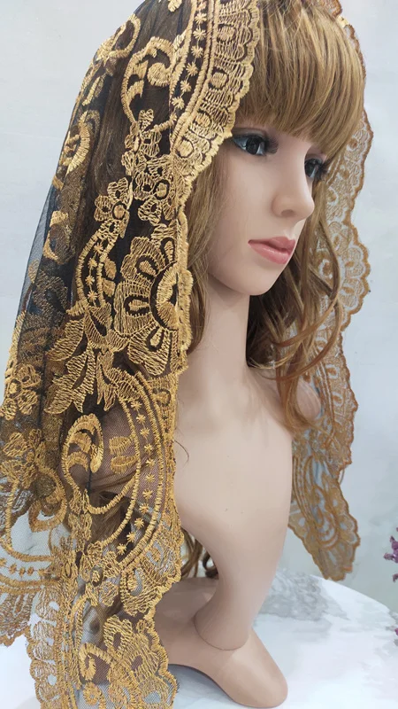 

Gold Embroidery Lace Mantilla Veil Church Traditional Lace Veil