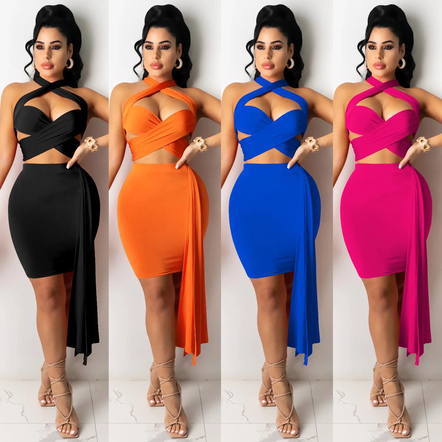 Elegant Bandage Skirts Two Piece Set Women Summer 2021 Sexy Hollow Out Lace Up Crop Top Mini Skirts Bodycon Club Party Skirt Set