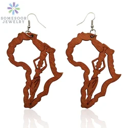 SOMESOOR Laser Engraved Afro Wooden Drop Earrings African Motherland Map Ethnic Tribal Pattern Handmade Jewelry For Black Women