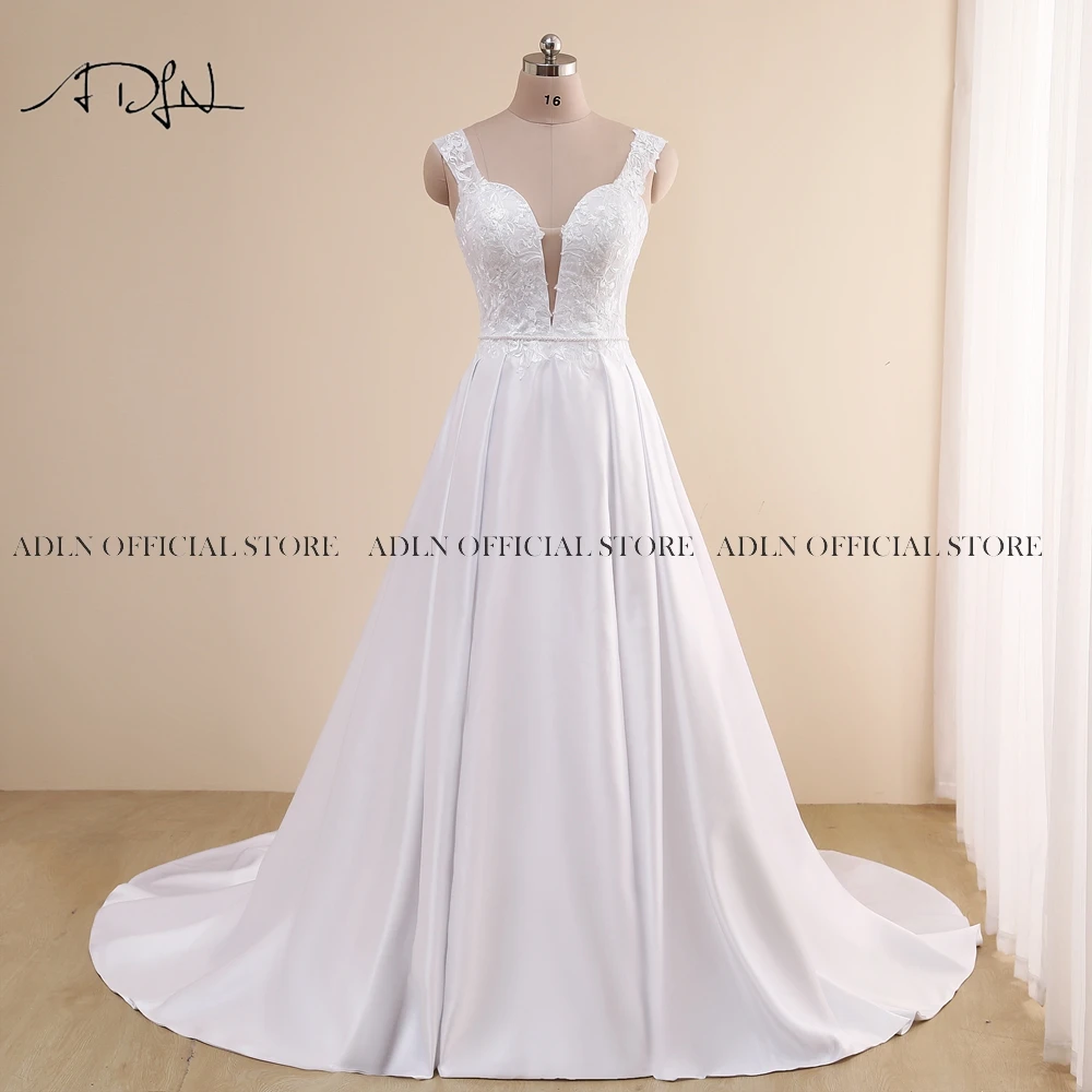 ADLN 2021 Wedding Dress Vestido De Noiva Appliqued Beaded A-line Satin Bridal Gown Sweep Train Plus Size Bride Dress