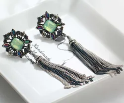 YaYi Jewelry Fashion BOHO Green  Glass Crystal Rhinestone Dangle WomenGun Black Plated  Wear Ear Band Long Tassel Earrings