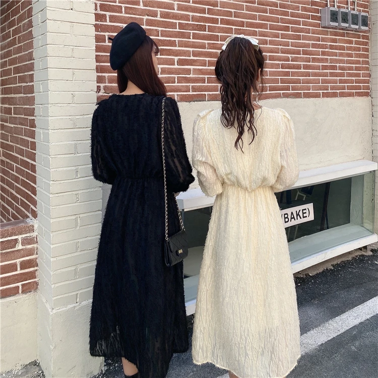 French Style Vintage Court Style Lace V-neck Long Sleeve Fairy Dress Women's Mid-Length Autumn and Winter Slimming Dress