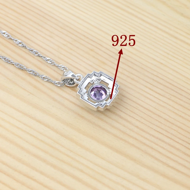 925 Sterling Silver Jewelry Set Round Amethyst Earrings Adjustable Ring Pendant Necklace Bracelet for Women