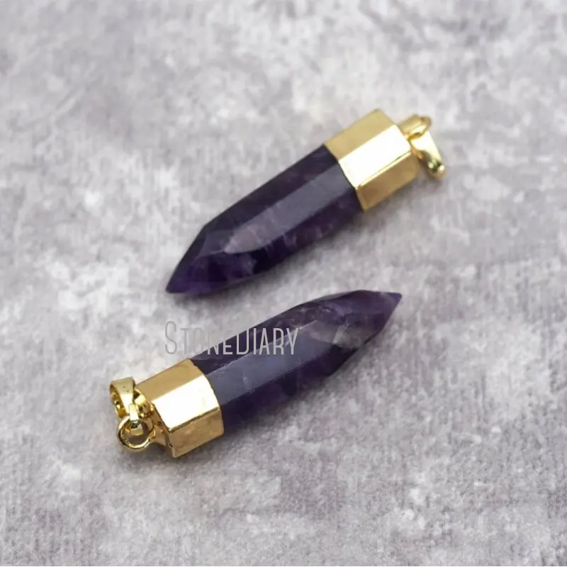 

PM29273 Amethyst Gold Cap Jewelry Bullet Shape Faceted Gold Plated Dog Tooth Amethyst Purple Crystal Point Pendant