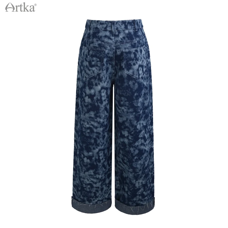 ARTKA 2021 lato nowy kobiety Jeans moda w stylu Vintage Tie dye Denim spodnie wysokiej talii luźne drapowania dżinsy z szeroką nogawką KN22019X