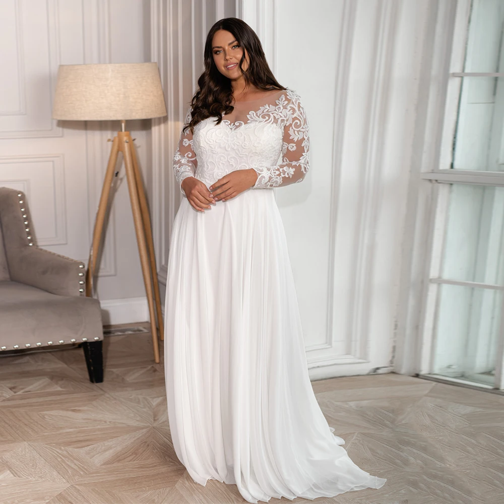 Robe de Mariée en Mousseline de Soie, Grande Taille, Col Rond, Manches sulf, Balayage Traîne, Appliques en Dentelle, Ligne A, pour Patients de Plage