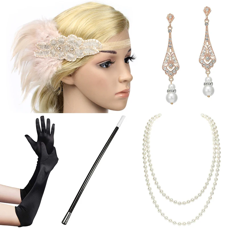 

1920s Flapper Costume Accessories Set Women Vintage Gatsby Feather Headband Cigarette Holder Pearl Necklace Earring Gloves 5 Pcs