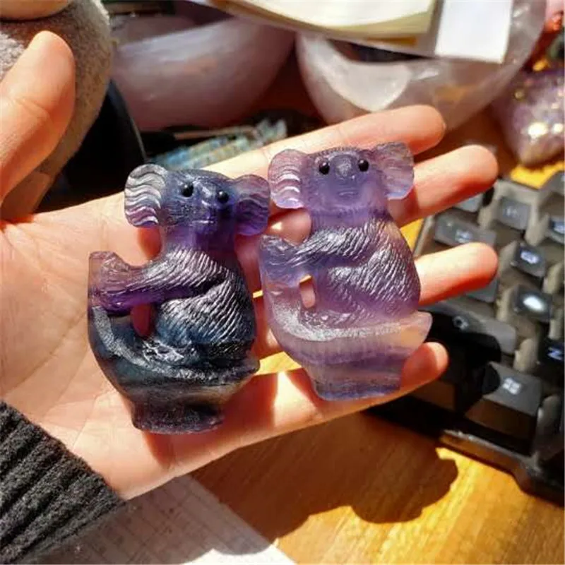 

Free shipping cheap hand carved natural quartz crystal rainbow Fluorite Koala figurine for kid gift