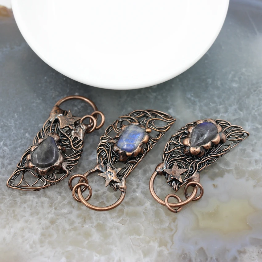 Natural Labradorite Half Moon Birds Nest Antique Brass Style Pendant,Healing Reiki Energy Stone Necklace DIY Charms Jewelry