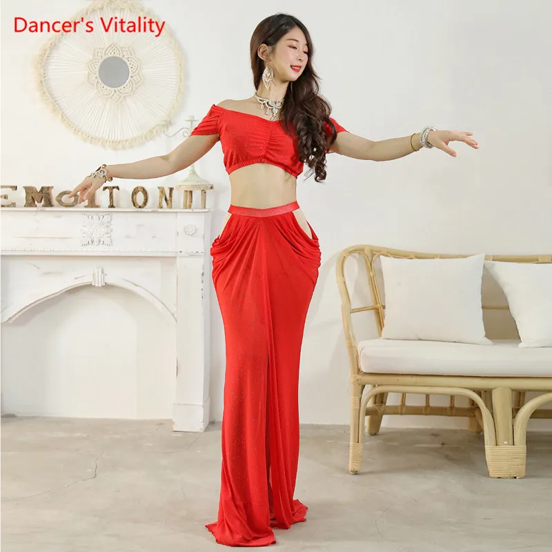 Belly Dance Suit Mesh Sequins Top Short Sleeeves Split Skirt Performance Clothes Set Oriental Dancing Female Practice Clothing