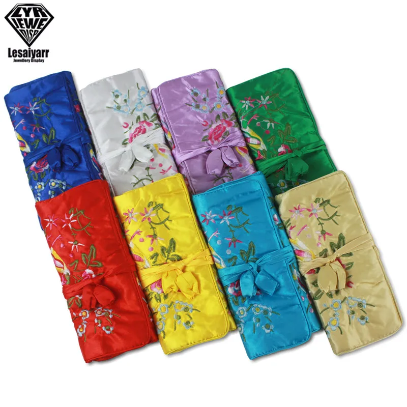 Embroidered Chinese Jewelry Roll Bag Travel Jewelry Organizer Storage Case Pouch for Necklaces Rings Bracelet Portable Practical