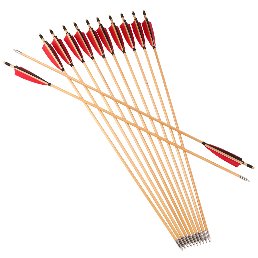 6/12/24 Pcs Traditional Wooden Arrow Handmade With Red 5-inch Shield Turkey Feather for Longbow Outdoor Archery Hunting Shooting