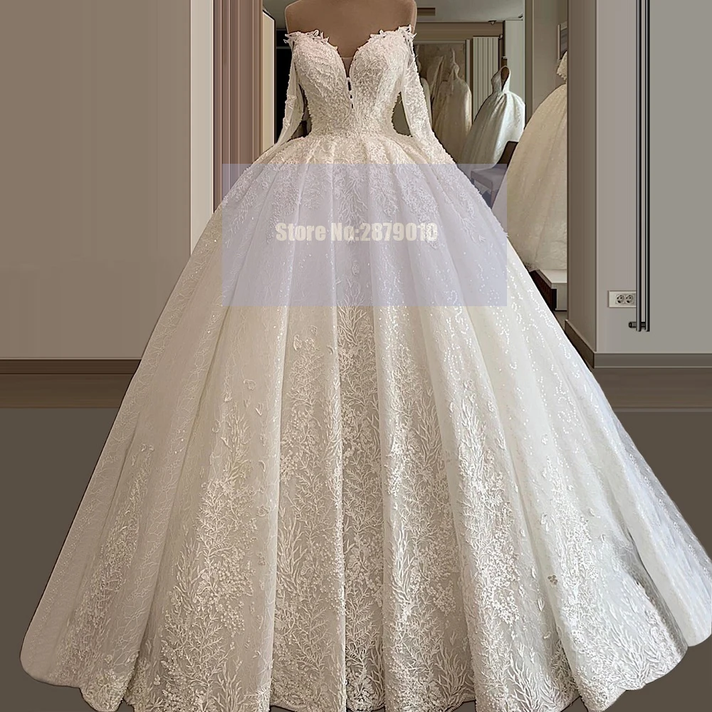 

2020 Dubai Off The Shoulder Long Sleeves Mariage Wedding Dresses Ball Gown Floor-Length Applique Beaded Sequins Bridal Gown