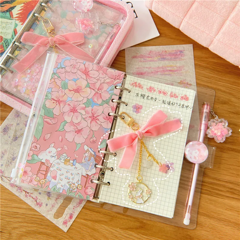 A6 Notebooks Sakura Zipper Binder Diary Notebook Set Kawaii Journal Note Book Cherry Blossoms Binder Journals Book Stationery