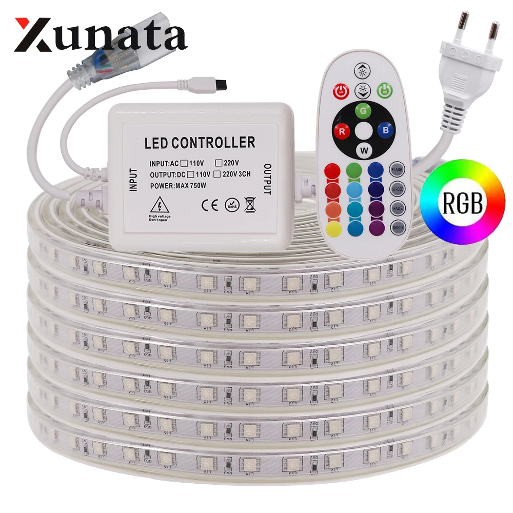 

220V RGB LED Strip Waterproof IP67 60LEDs/m Dimmer Flexible Tape Ribbon 5050 LED Light Strip EU Plug Red/Green/Blue/White/Yellow