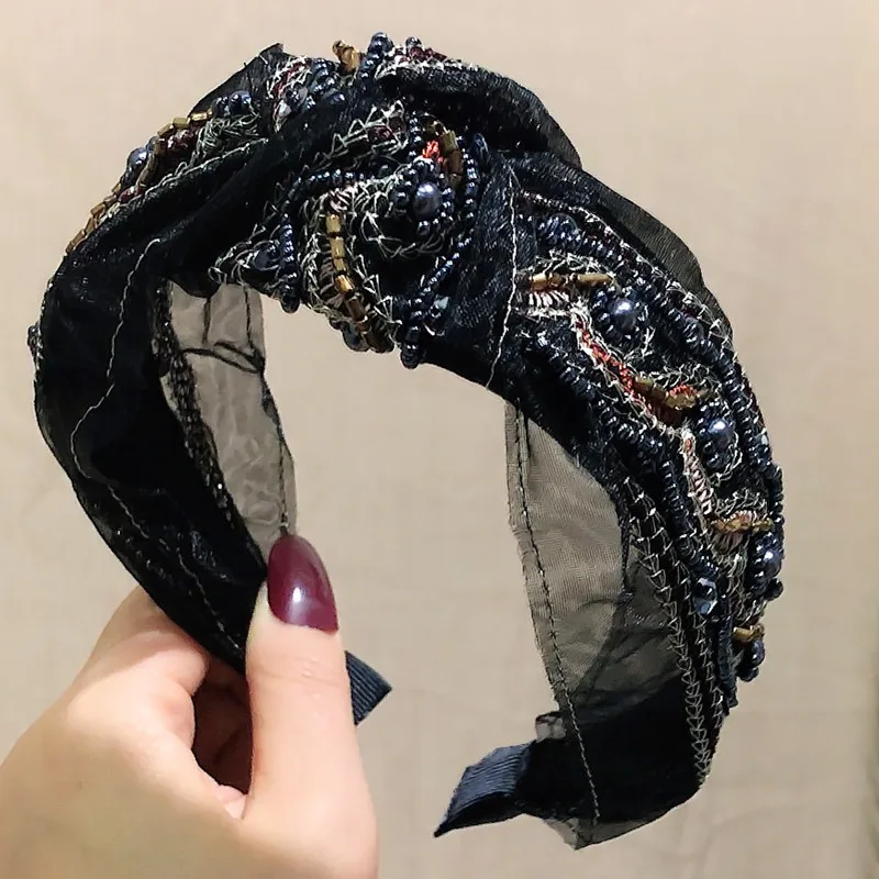 Luxury Yarn Pearl Headband Headwrap Baroque Shinny Bohemian Lace Silk Bow Knotted Embroidery Pearl Headwear Headbands Wholesale