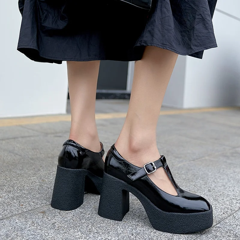 MEZEREON Platform Pumps Mary Janes Genuine Leather Spring Autumn Woman Shoes Square High Heel Girls Fashion Show Footwear