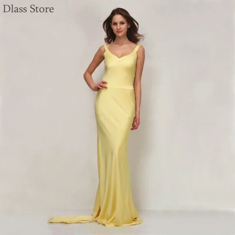 2022 Nieuwe Eenvoudige Prom Jurk Ster Formele Sexy Backless Satin Gold Mermaid Sweep Trein Evning Gown V-hals Robe De Soiree de Mariage