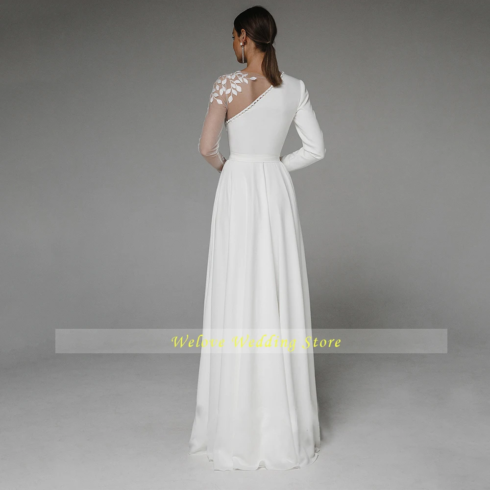 Asymmetrical Side Slit Wedding Dress Long Sleeve Civil Bridal Gown Party For Bride Button Applique Floor Length Свадебное платье