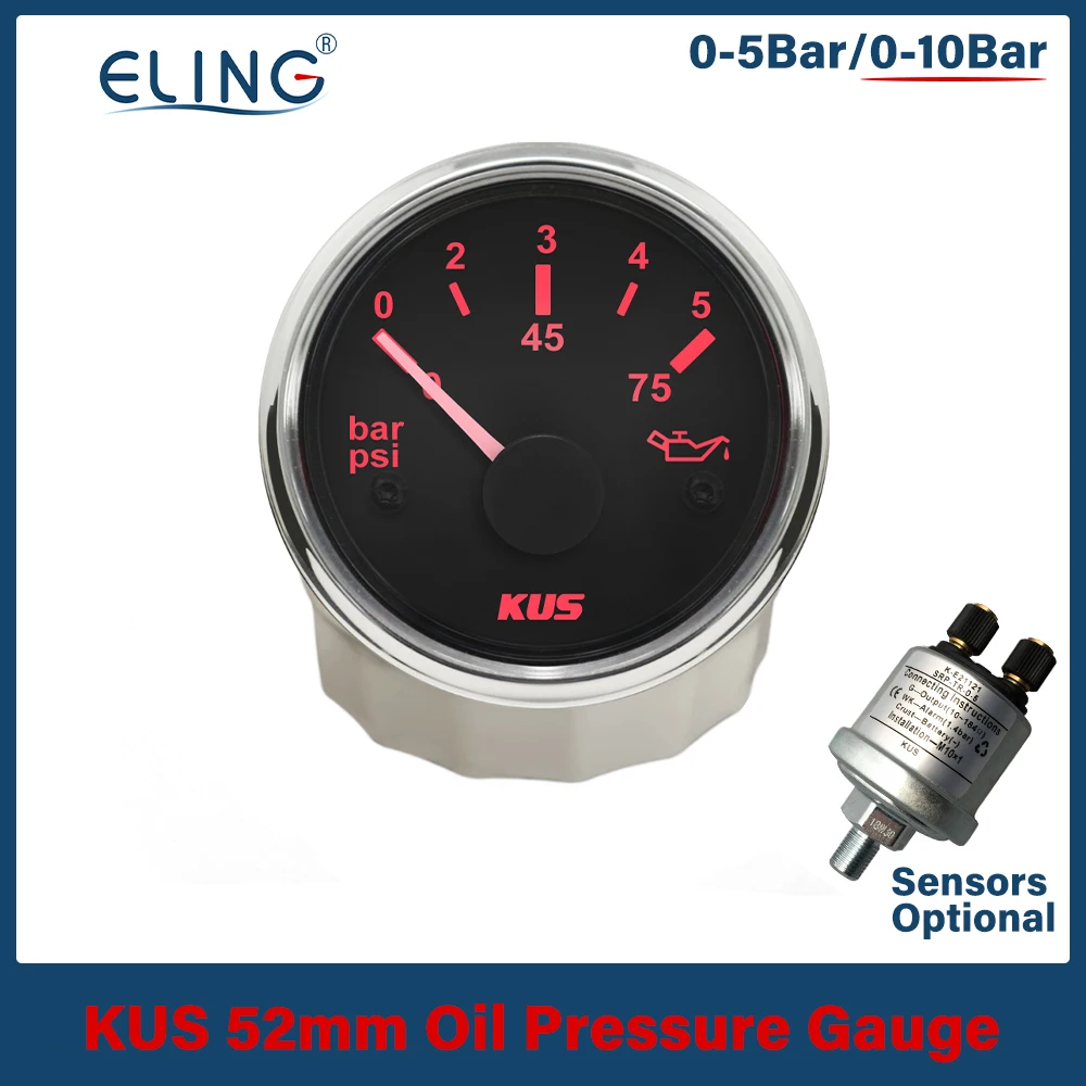 KUS 52mm 0-5Bar 0-10Bar Oil Pressure Gauge Car Boat 0-75Psi 0-145Psi Red Yellow Available Backlight Oil Pressure Sensor