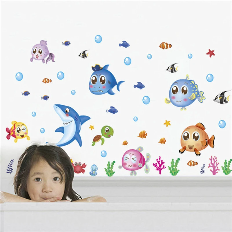 

Cartoon Fishes With Bubbles Wall Stickers For Bathroom Baseboard Home Decoration Diy Animal Pvc Mural Art Kids Decal Poster