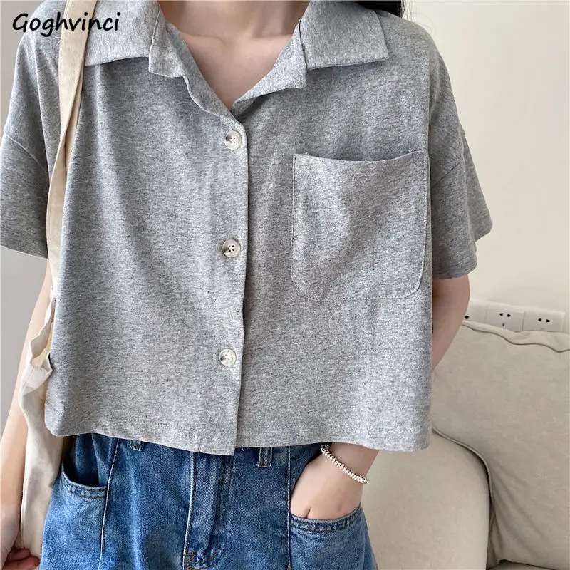 Shirts Women Crop Top Pocket Solid Summer New Designed Korean Style Loose Slim Breathable All-match Trendy Students Preppy Chic