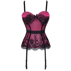 Straps Sexy Bowknot Padded Cup Bustier Breathable Erotic Lingerie Lace Boned Corset With Suspenders Nightwear For Women