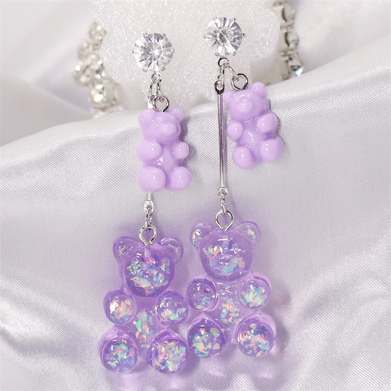 New Fashion Sequins Resin Gummy Big Bear Long Dangle Earrings Women Girl DIY Cartoon Animal Bear Earrings Creative Drop Jewelry