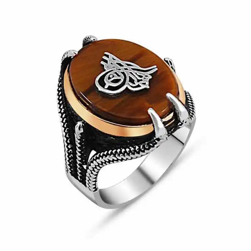 Silver Tiger Eye Stone Men's Tugra Ring - 925 Sterling Men's Jewelry Wedding Birthday Gift - Box - Agate Stone - Man - Fashion - Botiva - Size - Turkish - Patterned Embroidery