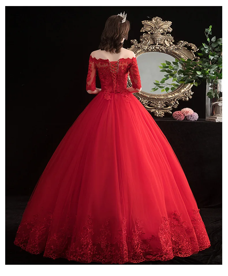 fitted lace wedding dress Red Beaded Lace Satin Prom Dresses Long Sleeve V-Neck Formal Dress 24516 Red / US4 main image 0