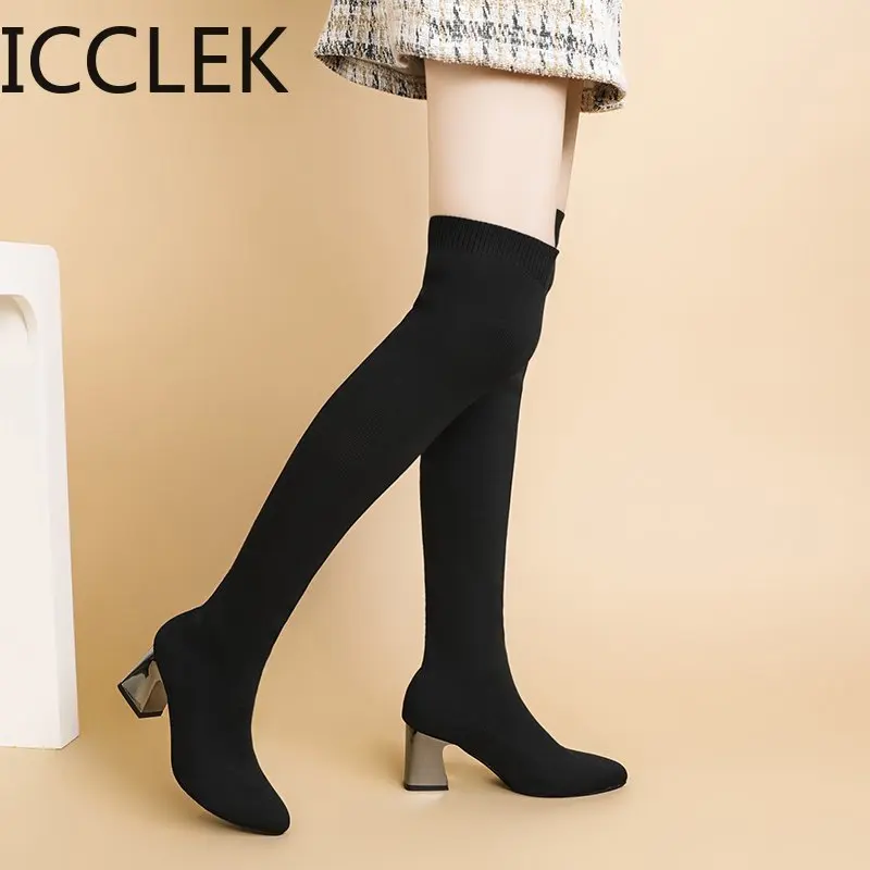 Women Boots High Heels Over The Knee Boot Knitting Socks Booties Stretch Fabric Thigh High Boots Woman Shoes High Heels Sexy