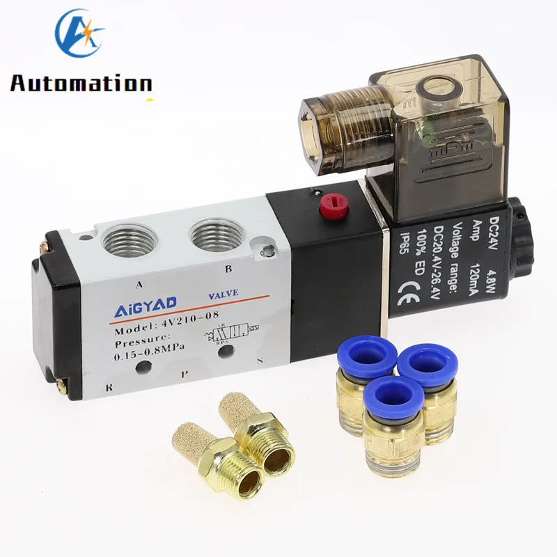 Pneumatic Electric Solenoid Valve 5 Way 2 Position Control Air Gas Magnetic Valve 12V 24V 220V Coil Volt 4mm-12mm Hose Fittings