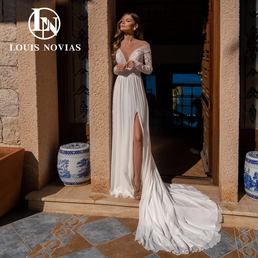 LOUIS NOVIAS Beach Wedding Dress Elegant Boho Off Shoulder Long Sleeve Embroidery Chiffon Slit-Hem Bridal Gown Vestidos De Novia