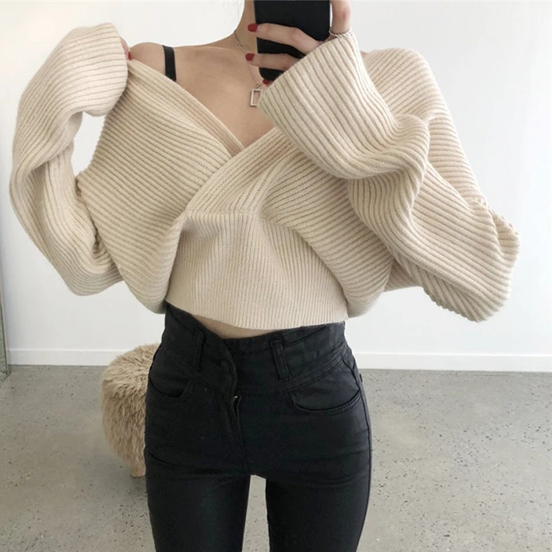 

v Neck Crop Sweater Tricot Feminino Pullover Women Sueter Mujer Invierno 2020 Chic Enteritos Largos De Mujer Elegantes Autumn