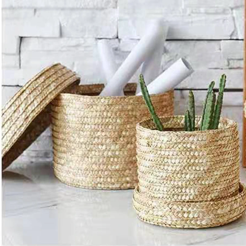 Zerolife 1Pc Desktop Storage Basket With Lid Straw Woven Snack Small Toy Organizer Multi-Purpose Organization Box Hand Gift Box