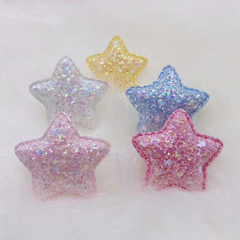 40Pcs/LOT 4.8CM Mix Five Colors Glitter Shiny Star Padded Appliques For DIY Handmade Children Hair Clip Accessories Patches