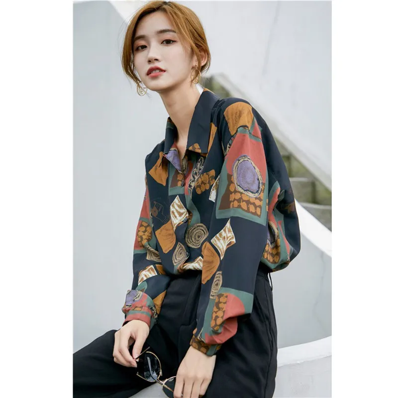 Women Vintage Shirt Retro Printed Turn-Down Collar Chiffon Harajuku Loose Blouse Women\'s Korean Tops Blusas Mujer