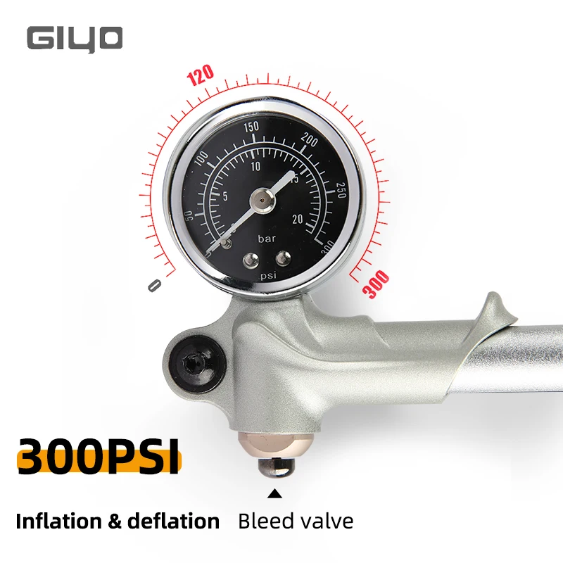 GIYO GS-02D High Pressure Bicycle Pump 300PSI Mini Hand Air Shock Pump with Lever Gauge for Fork & Rear Suspension Pump