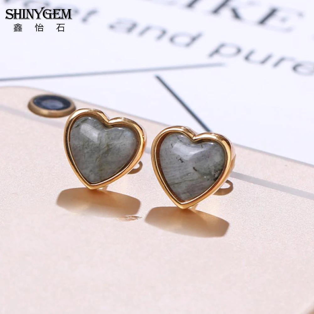 ShinyGem-أقراط كلاسيكية على شكل قلب للنساء ، أقراط من حجر اللابرادوريت الرمادي الداكن ، 12 × 12 مللي متر ، مجوهرات مطلية بالذهب