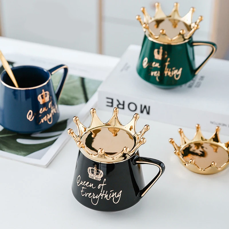 King Queen Crown Design Mug With Crown Lid and Spoon Ceramic Coffee Cup Gift for Girlfriend Wife Fast Delivery