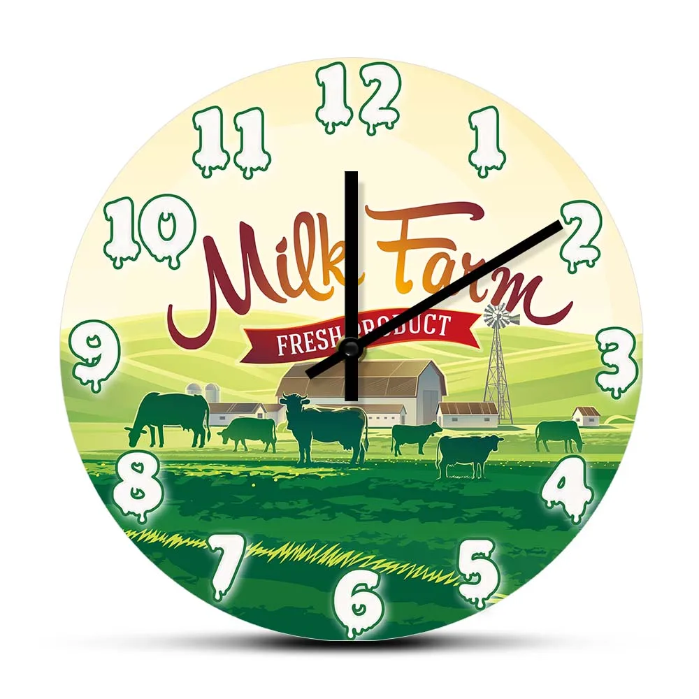 Producto fresco, granja de leche, reloj de pared de diseño moderno, ovejas, vacas, paisaje Rural, estilo vivo, reloj de cocina, decoración de granja