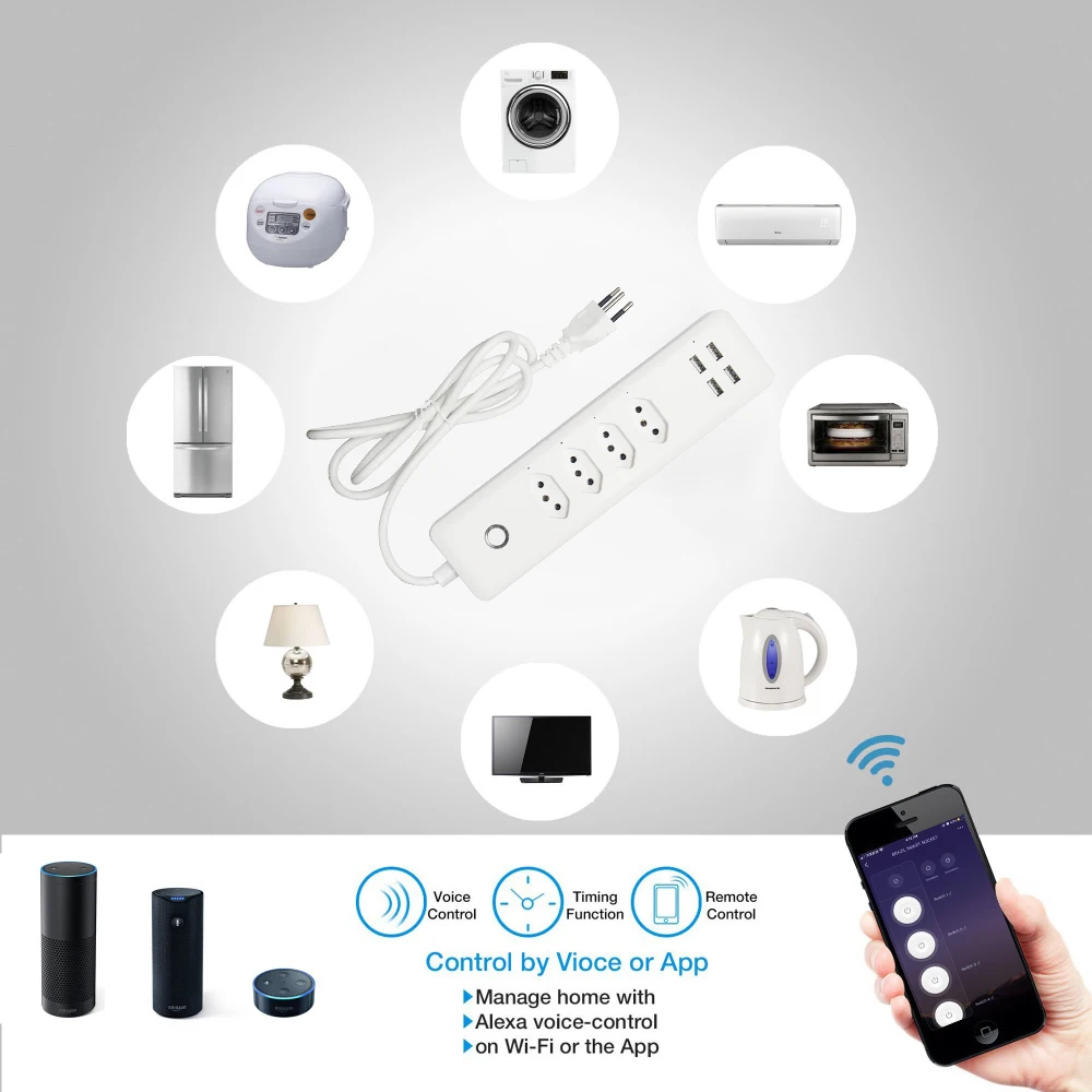 Mumubiz 스마트 와이파이 전원 스트립, 4 개의 플러그 및 4 개의 USB 포트가있는 브라질 와이파이 콘센트, 개별 제어, Alexa Google 홈과 함께 작동