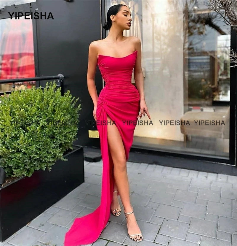 Yipeisha Strapless Mouwloos Mermaid Prom Dress Lange Sexy Side Split Avondjurk Robe De Soiree Wedding Party Dress