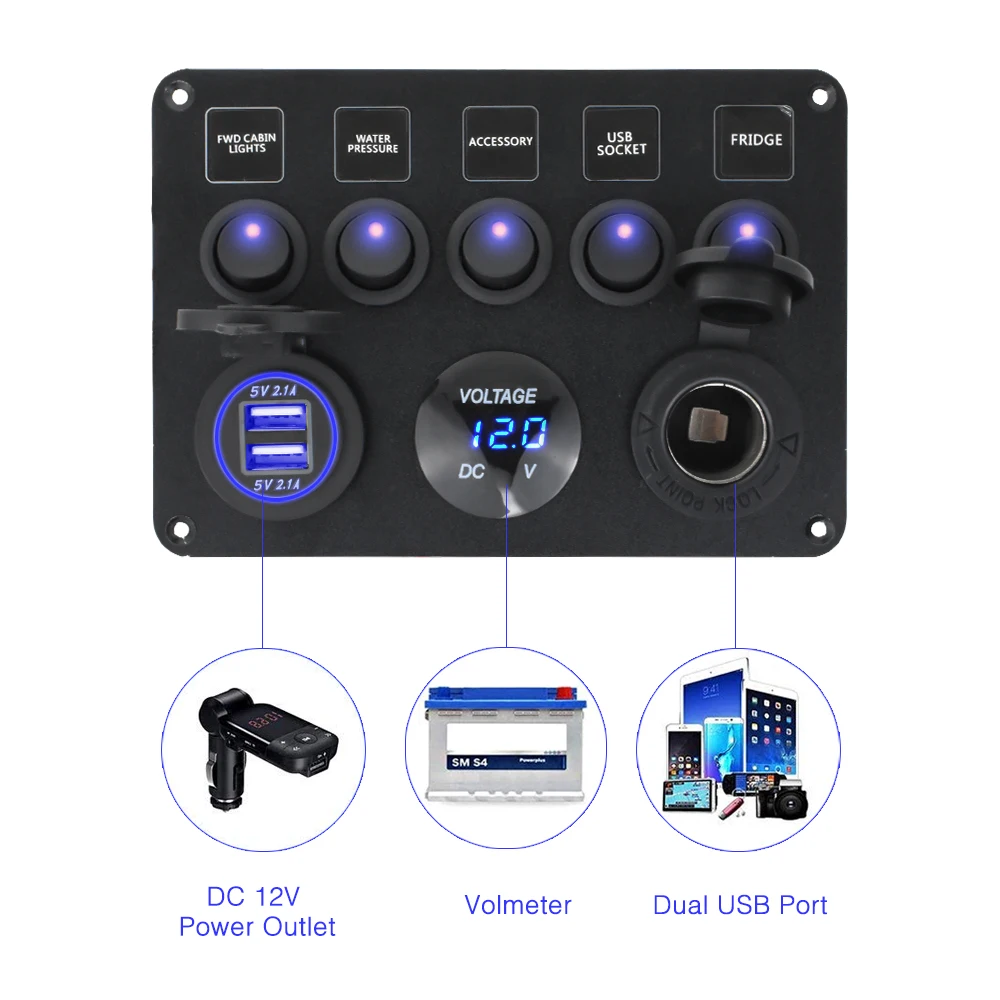 

Universal Digital Switch Panel With USB Charging Port And Voltmeter Suit For 12V-24V For Car Ship Yacht RV and Bus