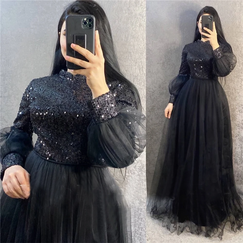 

Muslim Shinny Sequins Top Tulle Prom Dresses Full Sleeves High Neck A-line Evening Gown Customize Vestido De fiesta فساتين الس