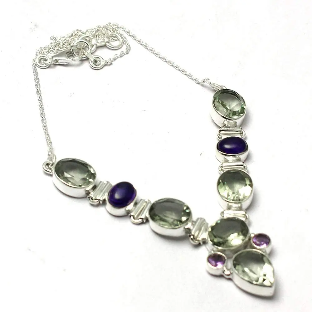 

Genuine Green Amethyst + Amethyst Necklace 925 Sterling Silver, 48 cm,2SN0168