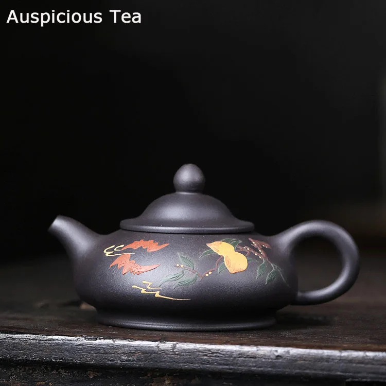 Jiang Liming Yixing purple clay teapot handmade raw ore black mud painting Fushou Ruyi teapot